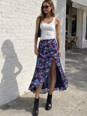 Haute Hippy Floral Navy High-Slit Maxi Skirt